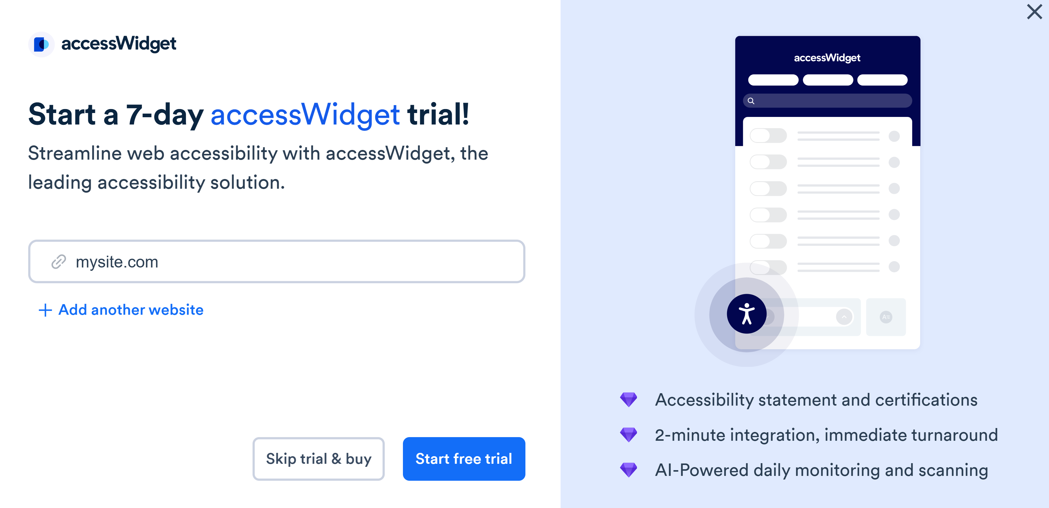 Screenshot of start a trial